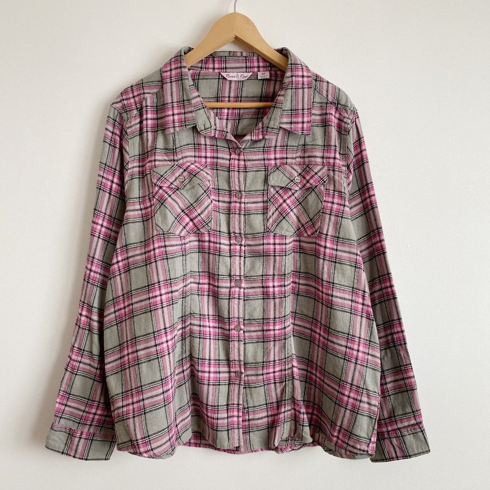 River & Rose Women's Long Sleeve Plaid Flannel Shirt, Pink/Gray, Size 2X